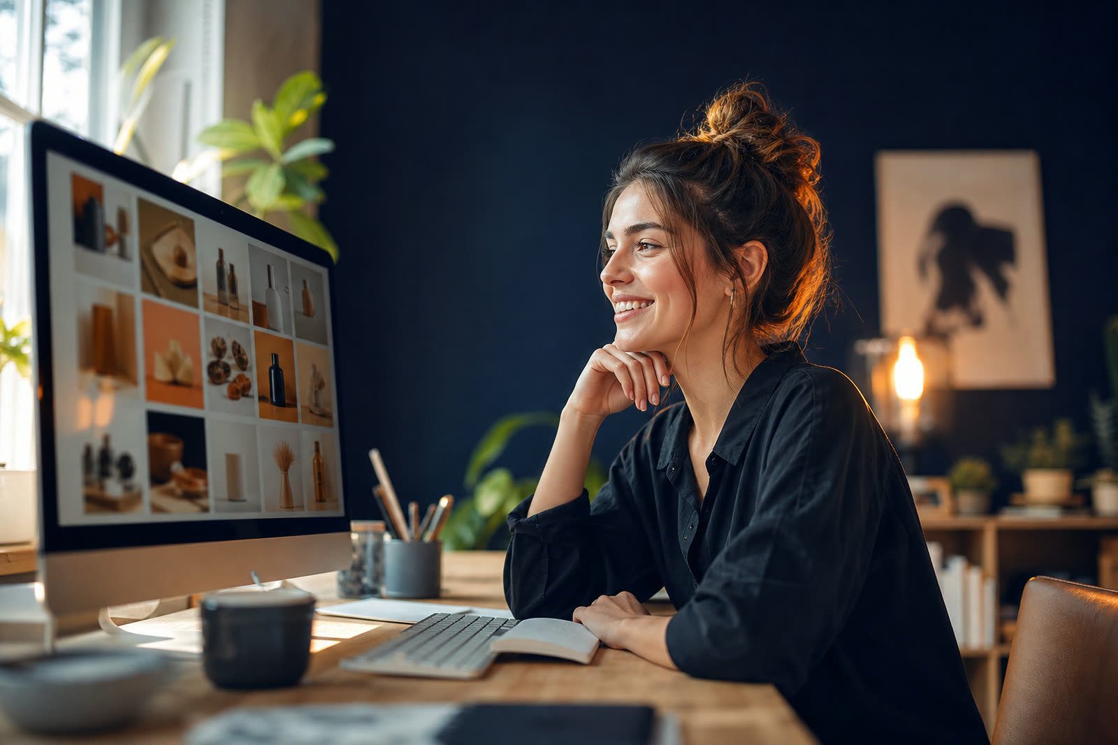 A designer reviewing generated product photographs on a large monitor